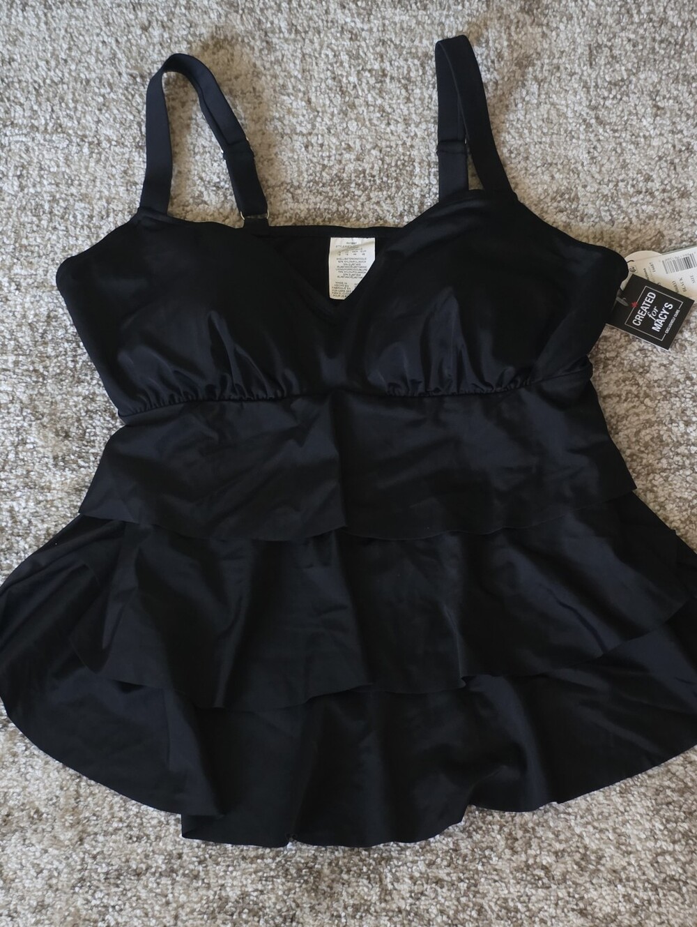 NWT Swim Solutions Women's Black Swan Tiered Ruffle Tankini Swim Top Black 16